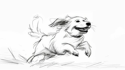 A happy dog running, with its ears flapping in the wind, depicted in a simple kids?? drawing style using black ink lines on a clean white background.