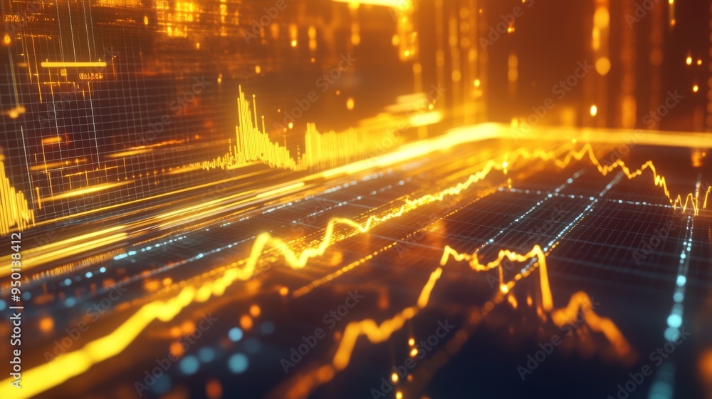 Poster A detailed shot of a gold price graph on a tablet screen, with fluctuating lines and indicators, set against a modern office backdrop, symbolizing real-time financial analysis
