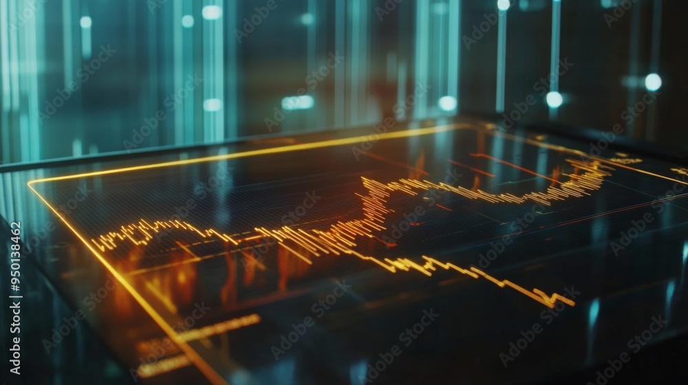 Poster a detailed shot of a gold price graph on a tablet screen, with fluctuating lines and indicators, set