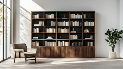 Fototapeta premium a modern living room interior design with a wooden bookcase cabinet and a white wall background