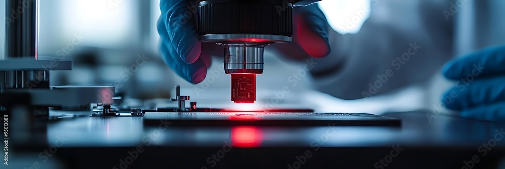 Poster closeup of a scientist examining a microchip with a microscope - photo