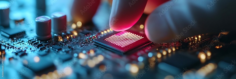 Poster close up of a computer chip with a gloved finger pointing at it - photo