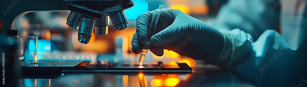 Poster gloved hand using pipette to add liquid to a plate in a lab - realistic photo