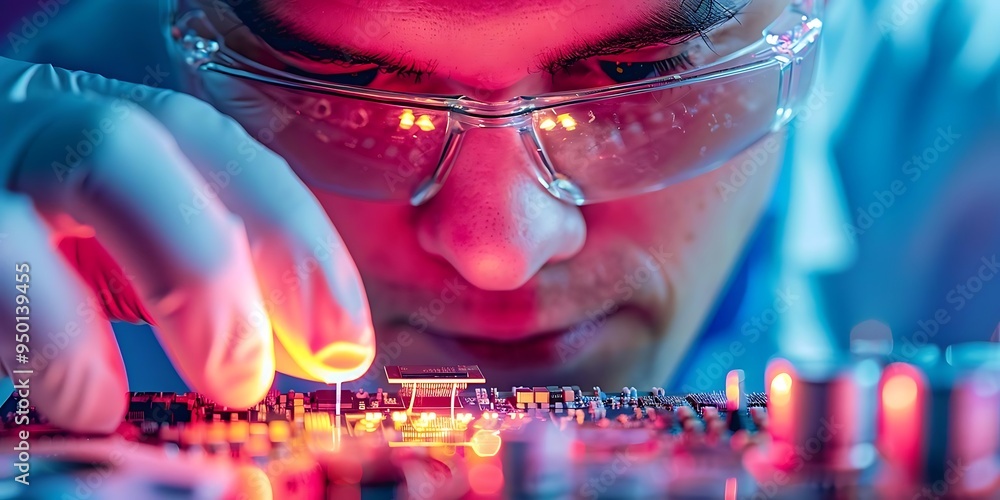 Poster Focused Technician Examining Circuit Board with Illuminated Components - Realistic Image