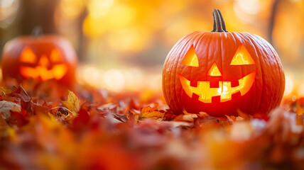 秋の葉が乗ったジャックオーランタンのクローズアップ