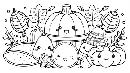 Naklejka premium Happy Thanksgiving Hand drawn kawaii coloring book illustration AI generated