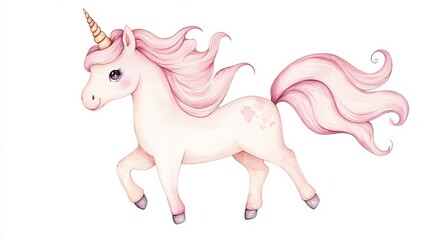 Adorable Watercolor Unicorn with Flowing Mane and Vibrant Pastel Colors in Magical Fantasy Setting