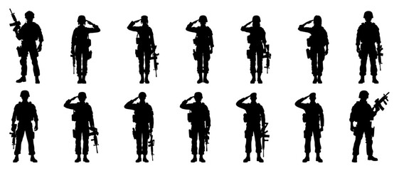 Male and female army soldier silhouette of saluting isolated on white background. Troops hand salute ceremonial greeting, showing respect.