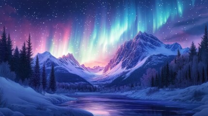 Beautiful northern lights over snow-covered mountains with a forest and river in winter, a photorealistic landscape