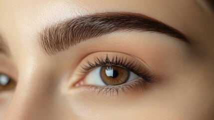 Obraz premium A detailed shot of a woman eyebrows with a subtle gradient tint applied, showcasing the refined and sophisticated look of well-maintained brows, set against a neutral backdrop.