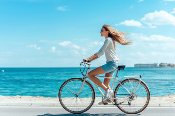 Obraz premium Summer vacation by bike. Young energetic woman riding gear bike on bicycle path on seafront on sunny day. Side view.