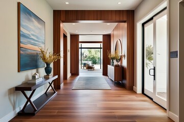 Obraz premium Elegant Wooden Entryway Design with Chic Features and Soothing Color Scheme in a Contemporary Home