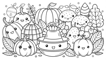 Fototapeta premium Happy Thanksgiving Hand drawn kawaii coloring book illustration AI generated