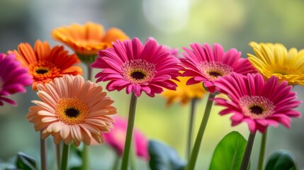 A detailed view of a cluster of colorful gerbera daisies, focusing on their vivid hues and layered petals, with a blurred background to emphasize their beauty.