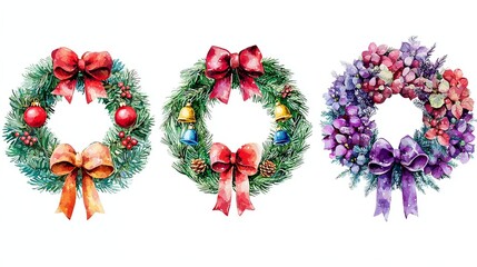 Festive Watercolor Christmas Wreaths with Bows and Bells
