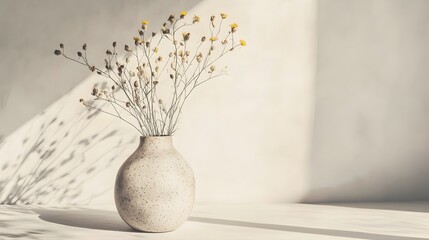 Mocha Hued Floral Stilllife in Handcrafted Ceramic Vase Against Crisp White Backdrop