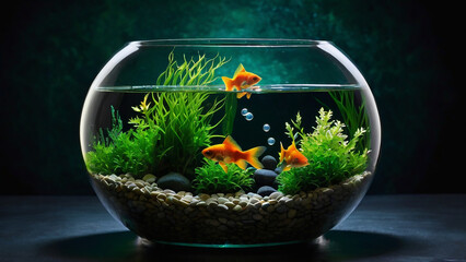 Beautiful goldfish swimming in round glass bowl aquarium.