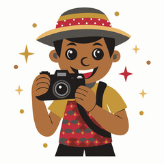 Tourist with a camera smiling in a colorful cartoon style