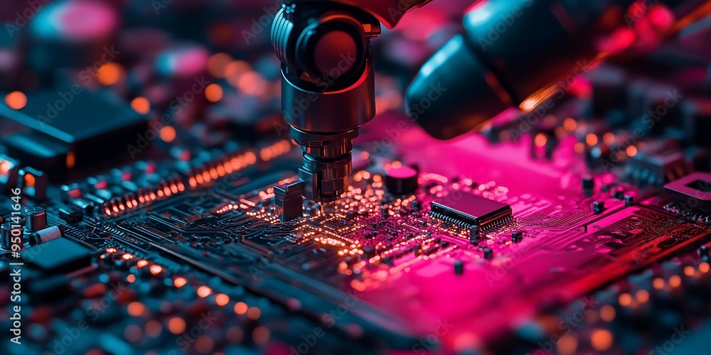 Poster close-up of a robotic arm assembling a circuit board with neon lights - photo