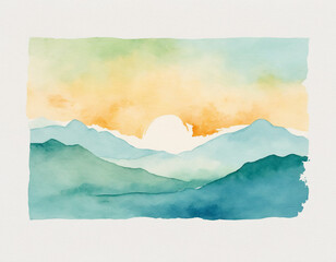 a watercolor painting of hills with a sunset in the background