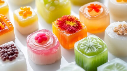 A detailed view of Thai desserts such as Mung Bean Cake and Coconut Jelly, with vibrant colors and intricate patterns, set on a plain white surface to highlight their craftsmanship.