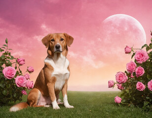 a large brown dog sitting next to rose, in the background with clouds and moon and a purple pink yellow sky