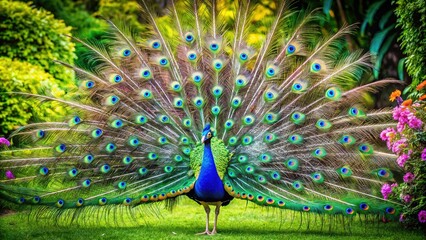 Obraz premium A stunning male peacock showcases his radiant tail feathers amidst a verdant haven, where leaves and blooms harmonize in a kaleidoscope of color and texture.