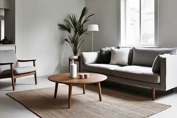 Minimalist Living Room with Wooden Round Coffee Table and Nordic Inspired Sofa Design