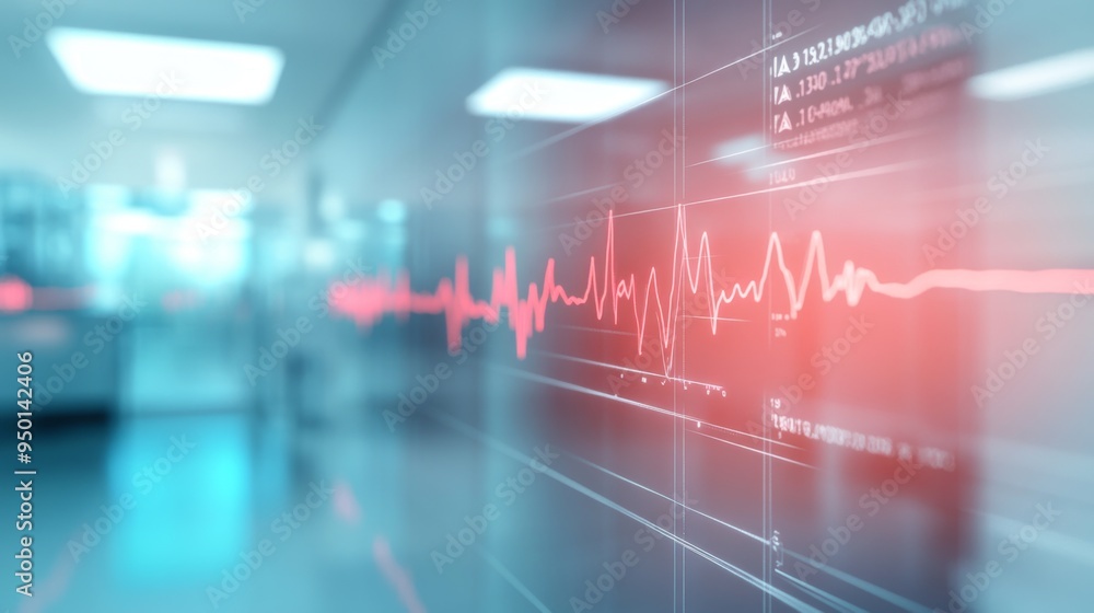 Poster A digital display of a heart rate graph with a steady rhythm, captured in a modern healthcare setting with clean lines and a bright background.