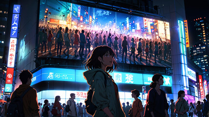 A group of anime friends enjoys a night out in a bustling city, with one pointing at a massive digital billboard, highlighting the excitement of urban nightlife.