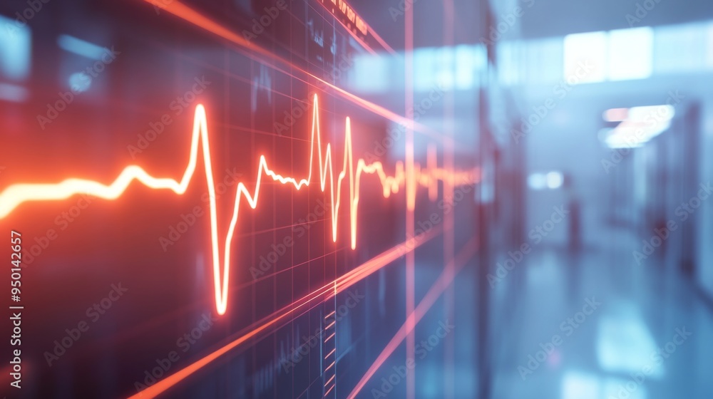 Poster A digital display of a heart rate graph with a steady rhythm, captured in a modern healthcare setting with clean lines and a bright background.
