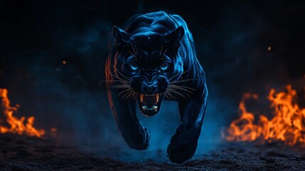 Angry black pnther with open mouth and fiery mane, Glowing yellow eyes, jumping, blue fire flames and sand at night background. Intense Black Panther with Fierce Glowing Eyes in Blue Fiery Ambience
