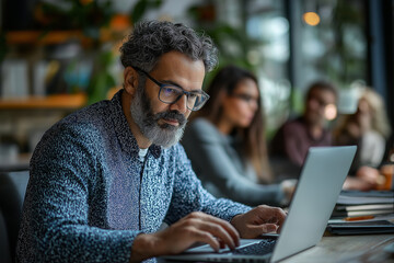 Modern office with a diverse business team working together in an open space, discussing a project plan on a laptop computer during a meeting.