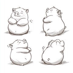 A cute cartoon pig depicted in four playful poses.