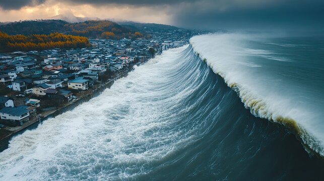 A powerful tsunami wave crashing ashore, engulfing coastal towns and villages.