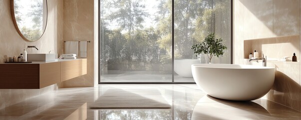 depict a minimalist bathroom with lowVOC paints and antimicrobial surfaces for a clean and safe environment