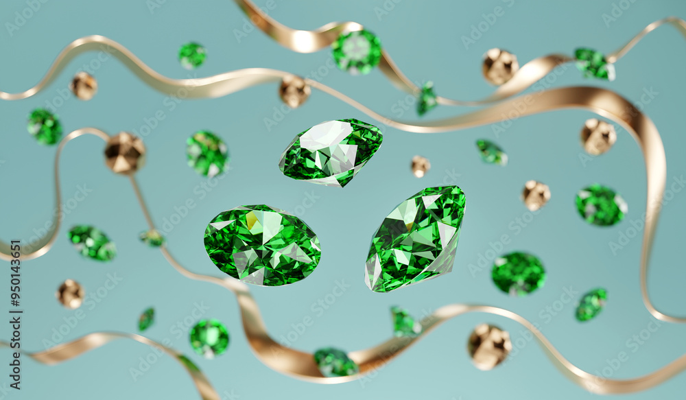 Poster emerald gem crystal diamond group falling background soft focus bokeh 3d rendering