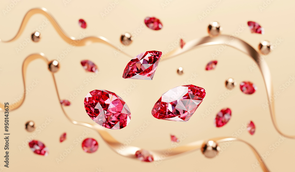 Poster ruby gem diamond group falling background soft focus bokeh 3d rendering