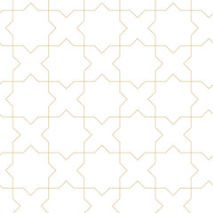 Abstract geometric pattern with crosses, stripes, lines. Seamless vector background. White and gold ornament. Modern reticulated graphic design.
