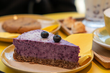 Blueberry Cheesecake, Vegan Cake, Piece of Cake on Yellow Plate, Blueberry Cheesecake with Fresh Blueberries, Piece of Blueberry Cheesecake Dessert