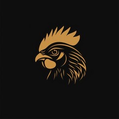 Fototapeta premium A stylized illustration of a rooster's head in gold against a black background.