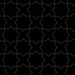 Abstract geometric pattern with crosses, stripes, lines. Seamless vector background. Black and gold ornament. Modern reticulated graphic design.