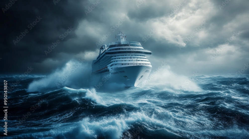 Poster a dramatic shot of a cruise ship navigating through rough seas, with towering waves and a stormy sky