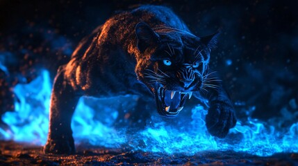 Angry black pnther with open mouth and fiery mane, Glowing yellow eyes, jumping, blue fire flames and sand at night background. Intense Black Panther with Fierce Glowing Eyes in Blue Fiery Ambience
