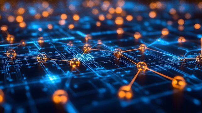 Abstract background with interconnected nodes and circuits, symbolizing advanced technology and artificial intelligence