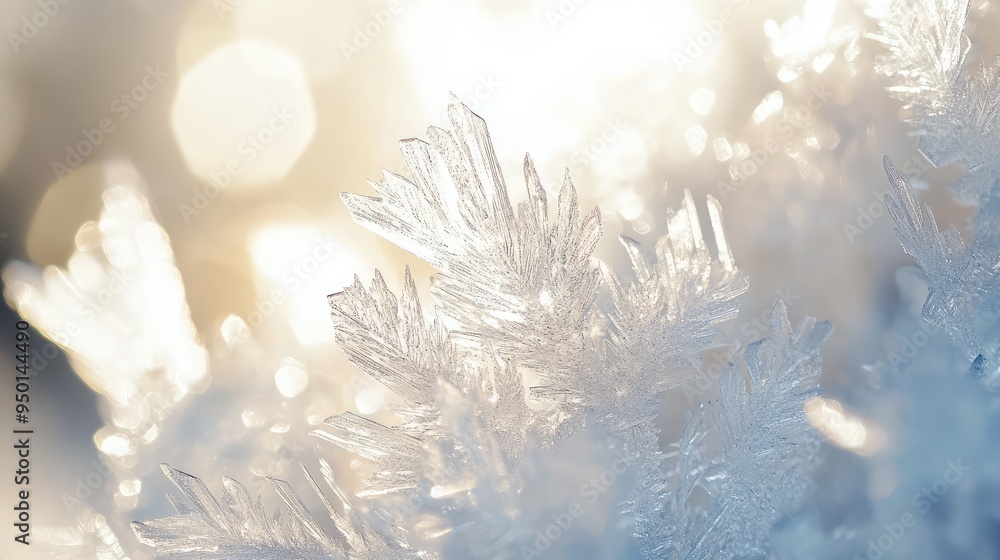 Poster translucent ice crystals with intricate patterns and soft light passing through, revealing a fragile