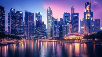 Naklejka premium A dramatic skyline view of towering skyscrapers lit up at twilight, with the city lights reflecting off the glass facades and a vibrant urban atmosphere.