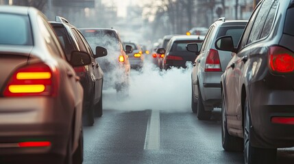 A traffic jam on a busy highway, emitting exhaust fumes, symbolizing the reliance on fossil fuels and its environmental cost.
