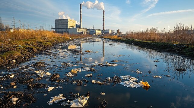 A factory discharging waste into a river, showcasing the negative effects of industrial pollution.