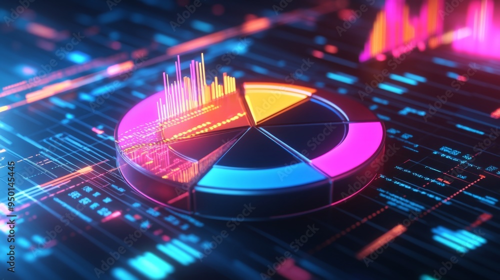Aufkleber A dynamic 3D pie chart with moving sections, set in a digital environment, emphasizing data flow and interactive analysis.